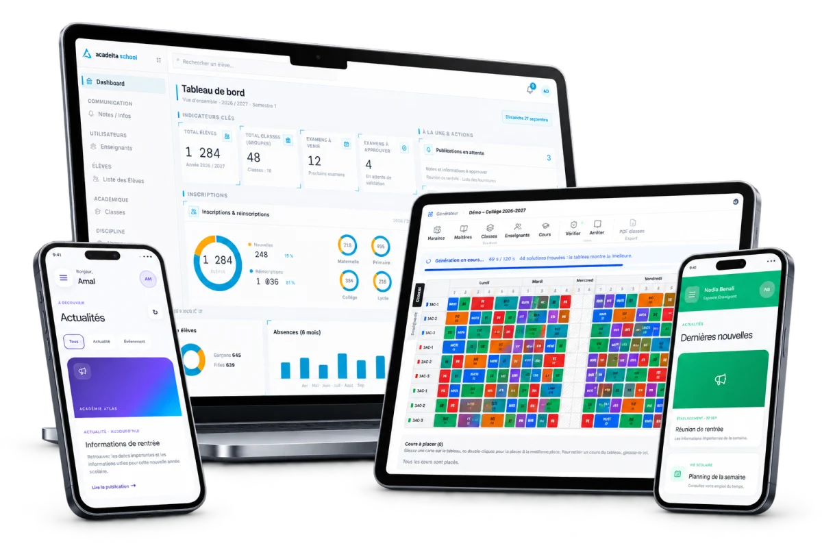 Acadelta School sur ordinateur, tablette et mobile : tableau de bord, emplois du temps et applications parents et enseignants